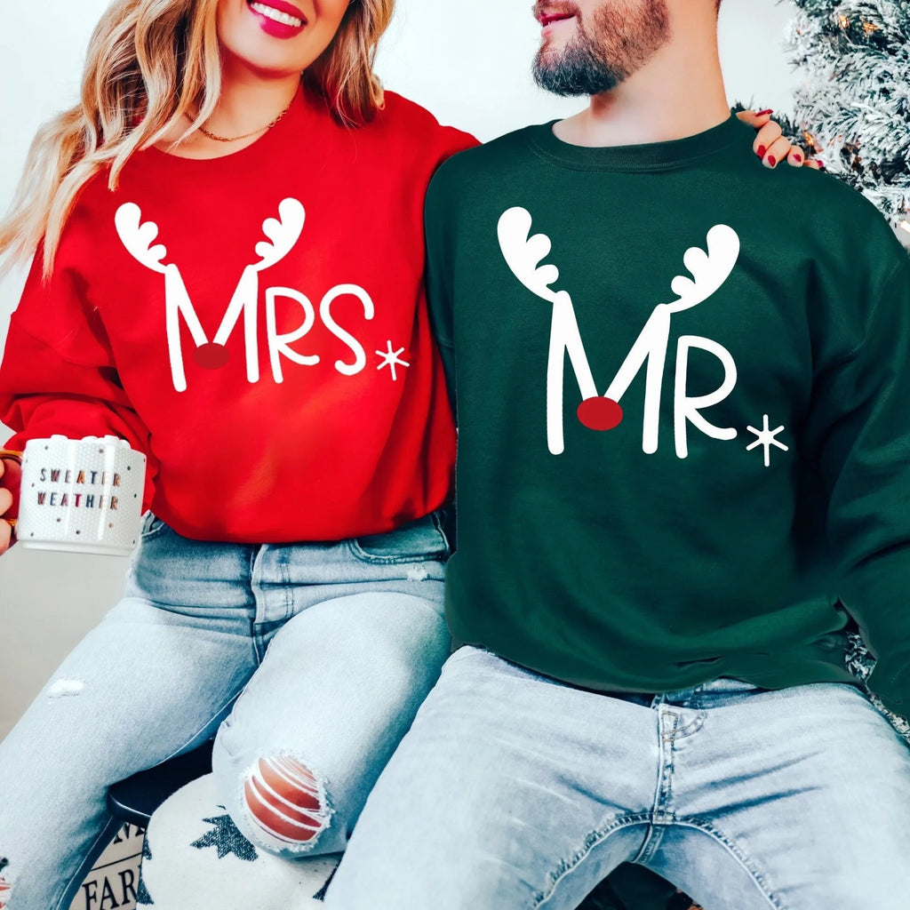 Merry Chrismas Mr Mrs Elk Antlers Red Nose Cartoon Print Boys Girls