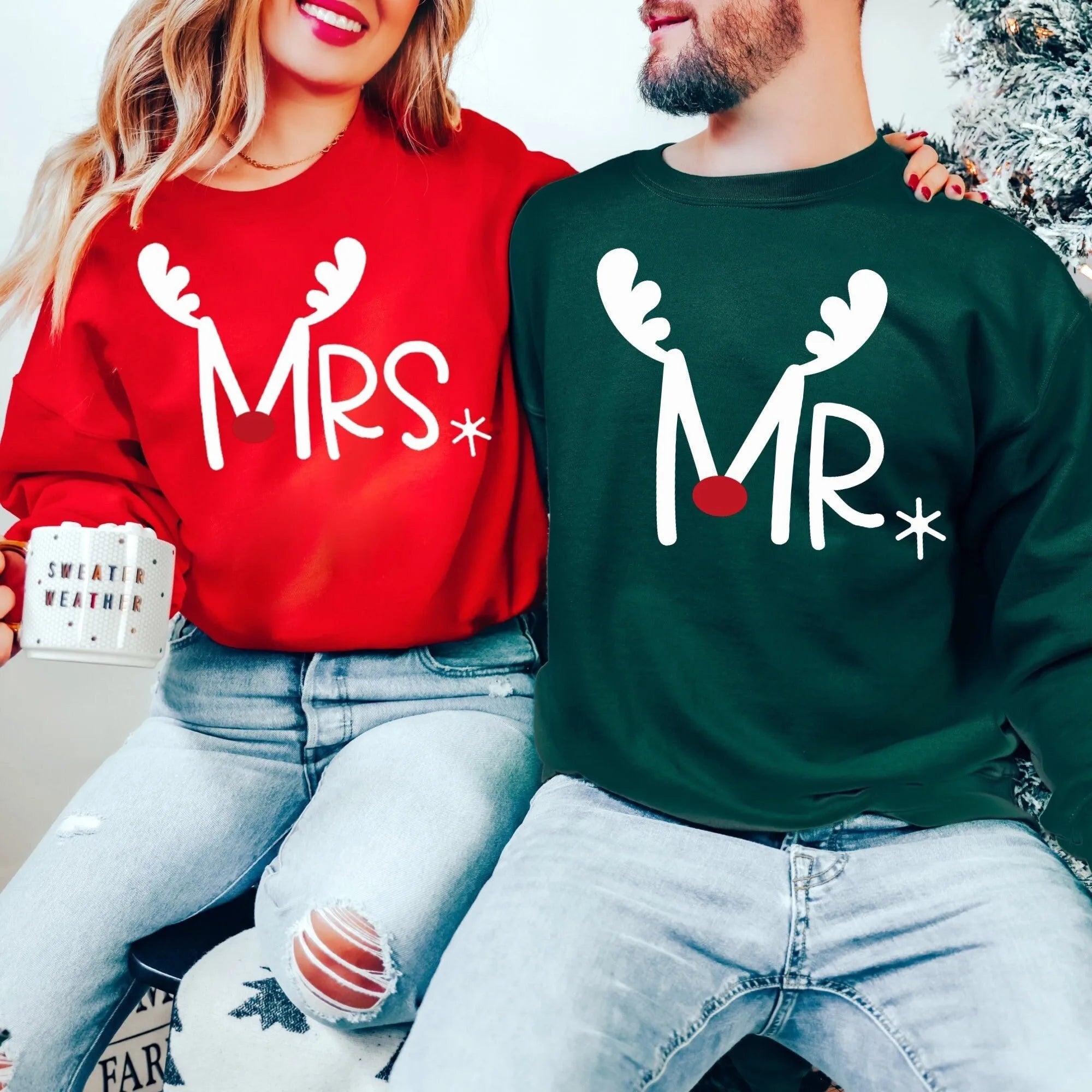 Merry Chrismas Mr Mrs Elk Antlers Red Nose Cartoon Print Boys Girls