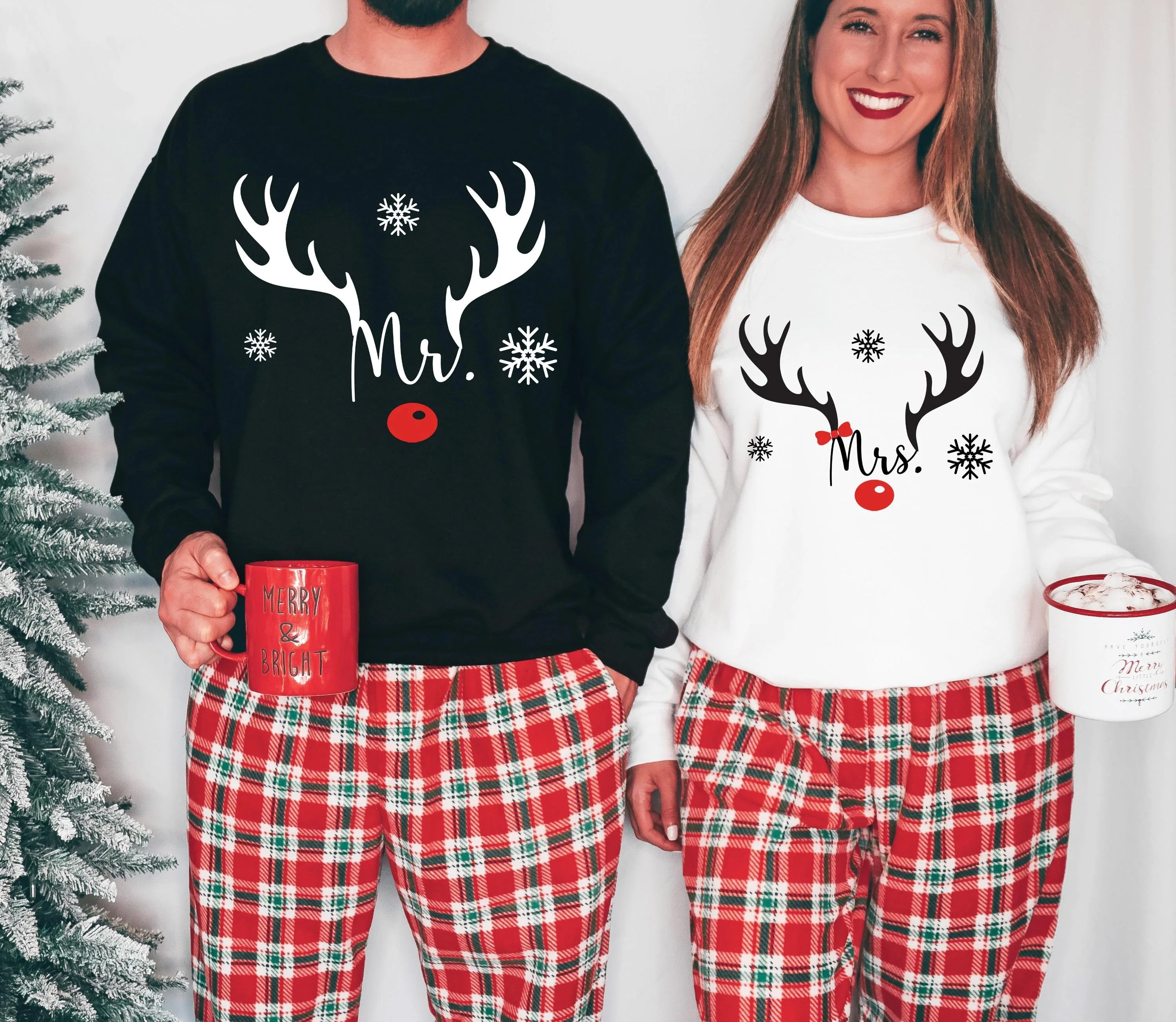 Merry Chrismas Mr Mrs Elk Antlers Red Nose Cartoon Print Boys Girls