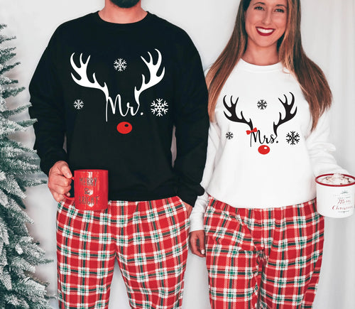 Merry Chrismas Mr Mrs Elk Antlers Red Nose Cartoon Print Boys Girls