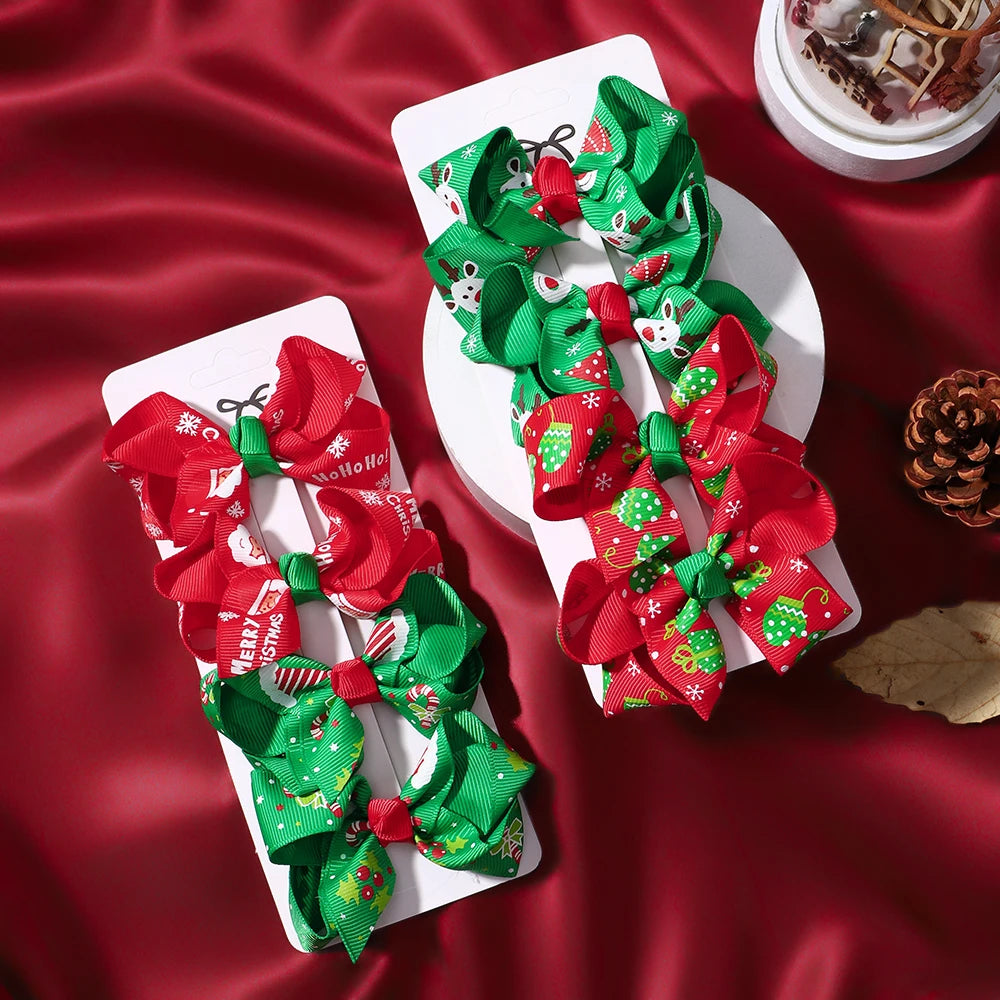 4Pcs/Set Chrismas Bowknot Hair Clip Set Childrens Holiday Party Dress