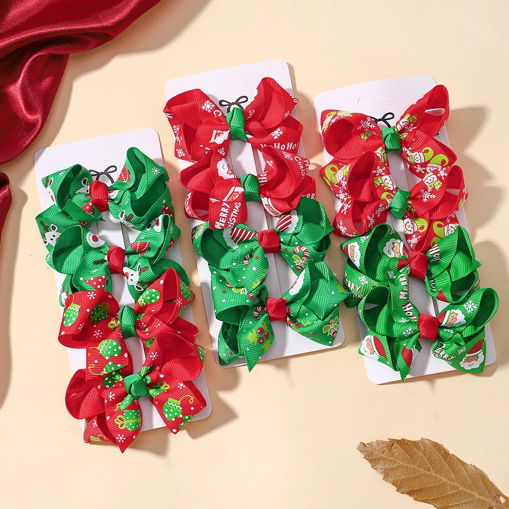 4Pcs/Set Chrismas Bowknot Hair Clip Set Childrens Holiday Party Dress