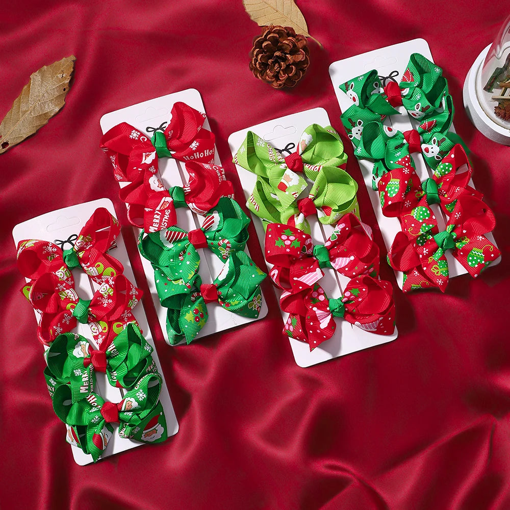 4Pcs/Set Chrismas Bowknot Hair Clip Set Childrens Holiday Party Dress
