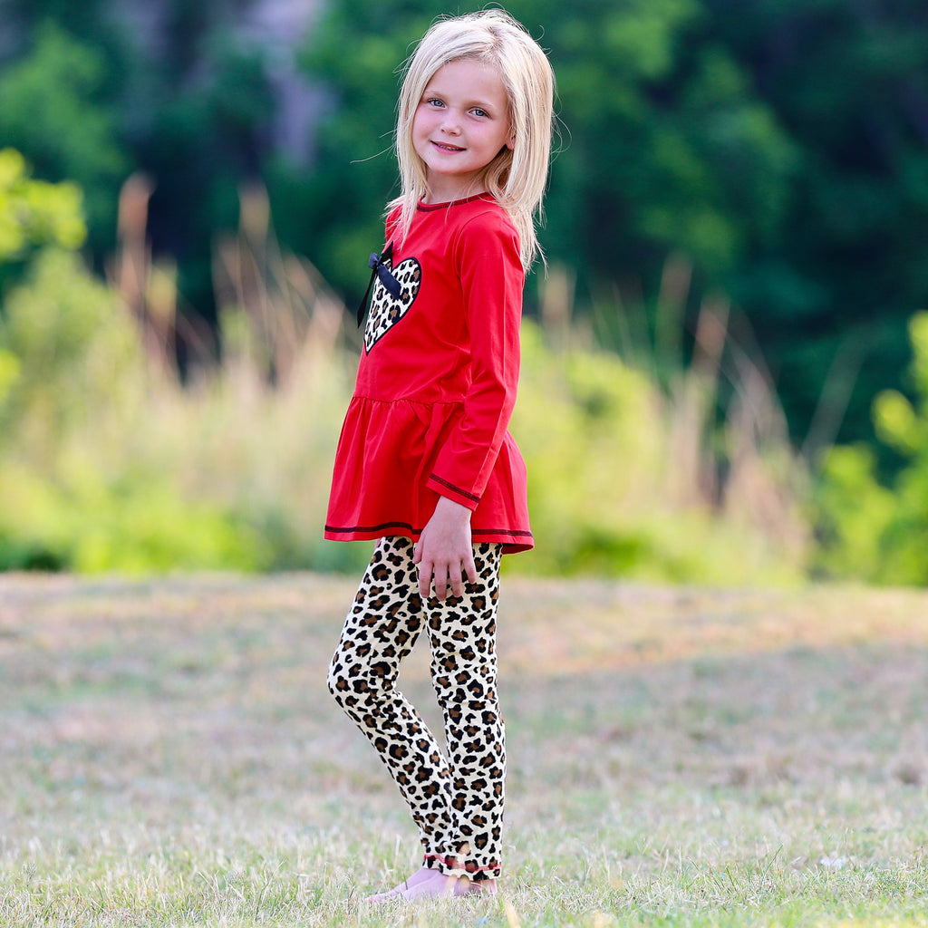 AnnLoren Girls Leopard Heart Holiday Dress Tunic & Leggings Set Outfit