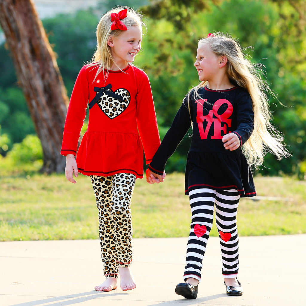 AnnLoren Girls Leopard Heart Holiday Dress Tunic & Leggings Set Outfit