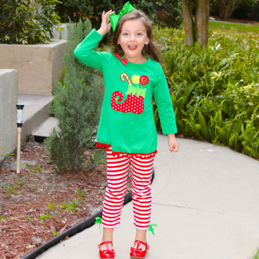 Girls Christmas Holiday Elf Stocking Top & Stripe Pants Outfit Set